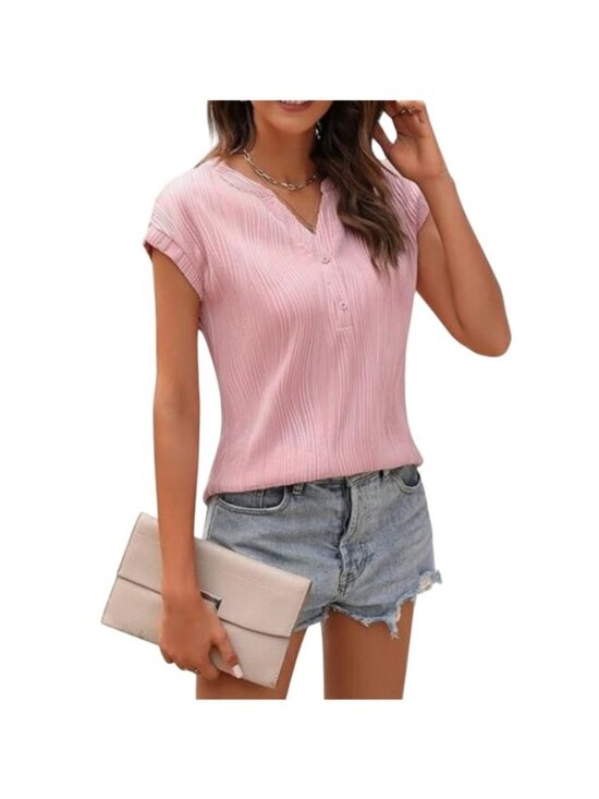 Fayenne Tops - Fayenne Textured Short-Sleeve Blouse Womens Medium Pink New Button Detail